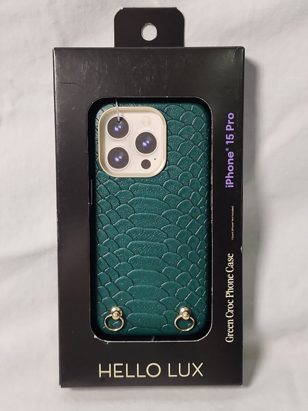 Hello Lux iPhone 15 Pro Green Croc Phone Case Metallic Gold Accents NIB